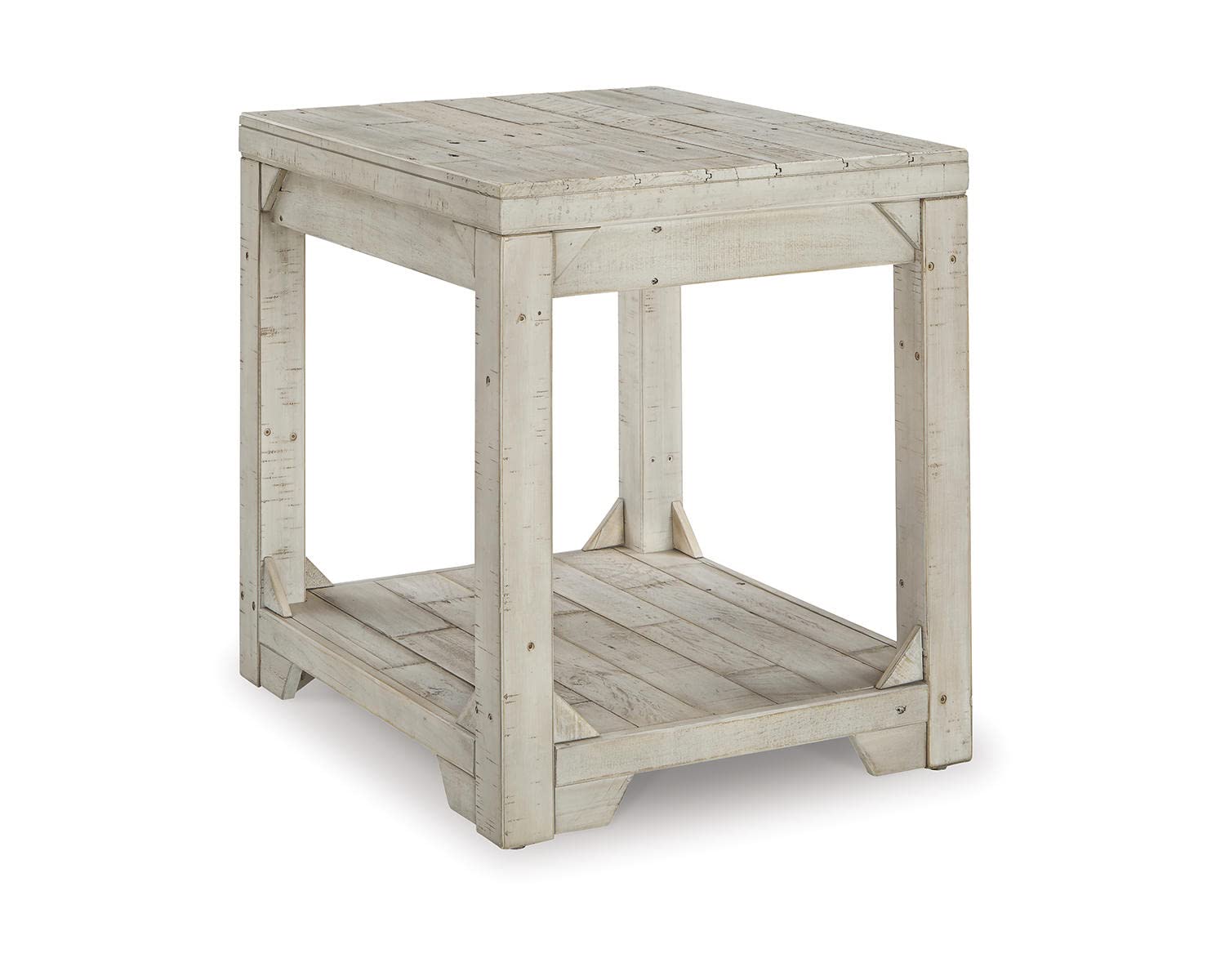 Photo 1 of Signature Design by Ashley Fregine Farmhouse Rectangular End Table with Lower Open Shelf, Triangle Bracket Accents, Wood, 25.25" High, Weathered White