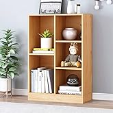 IOTXY Open Shelf Low Bookcase - Wooden 3-Tier Floor Standing Display Cabinet Organizer with Base, 5 Cubes Short Horizontal Bookshelf in Pear Yellow