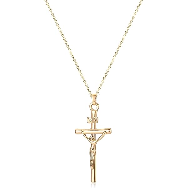 Solid 10k Two-Tone Gold Cross INRI Crucifix Pendant – Handmade In USA, 1.39 Inch Religious Necklace Charm