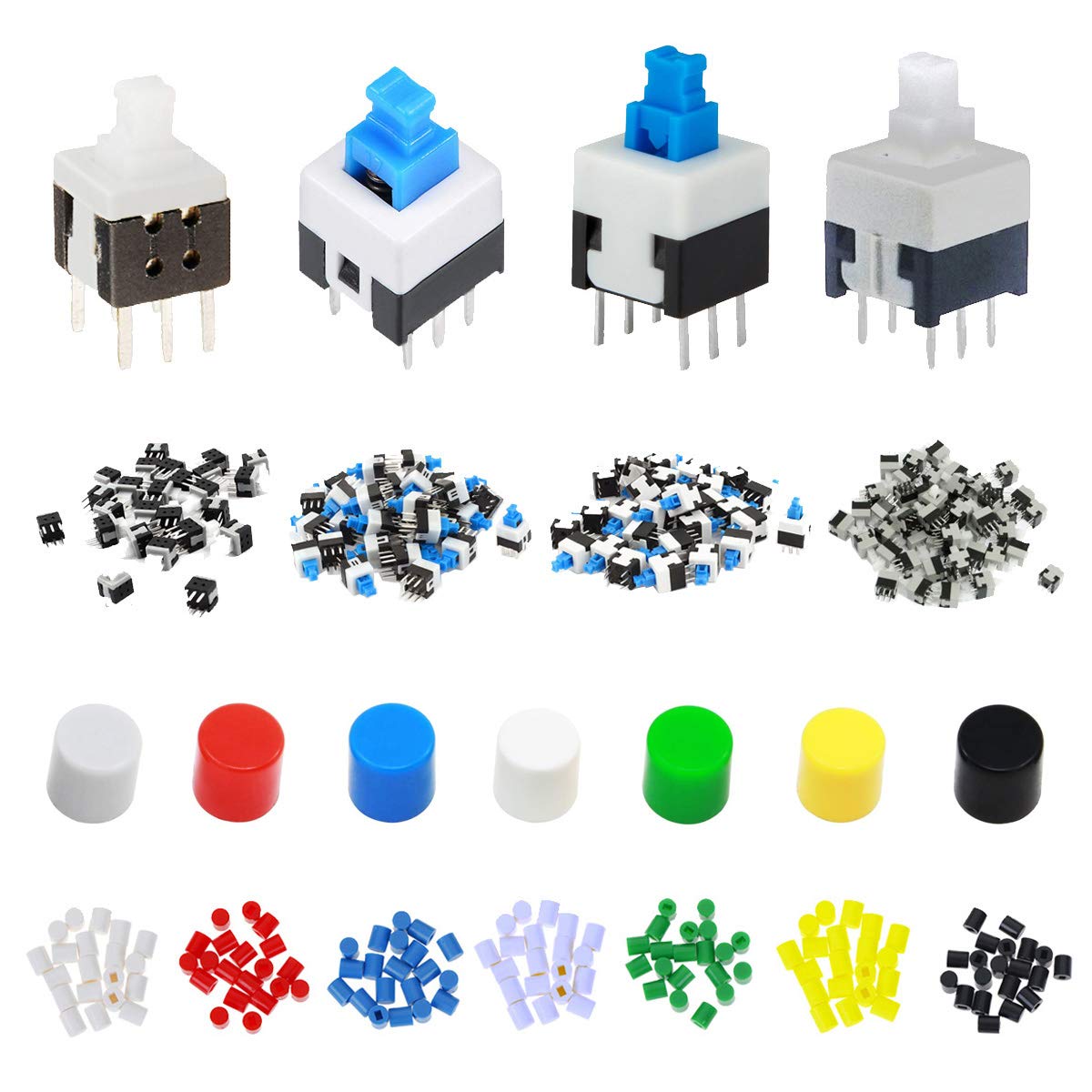 Youmile 150PCS Self Locking DPDT 6PIN Mirco Square Button Switches Kit(5.8X5.8mm 7X7mm 8X8mm 8.5x8.5mm) With Button Cap