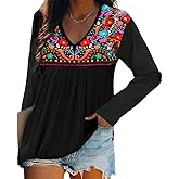Melliflo Long Sleeve Mexican Shirts for Women Floral Embroidered Peasant Blouse Ethnic Style Boho T-Shirts
