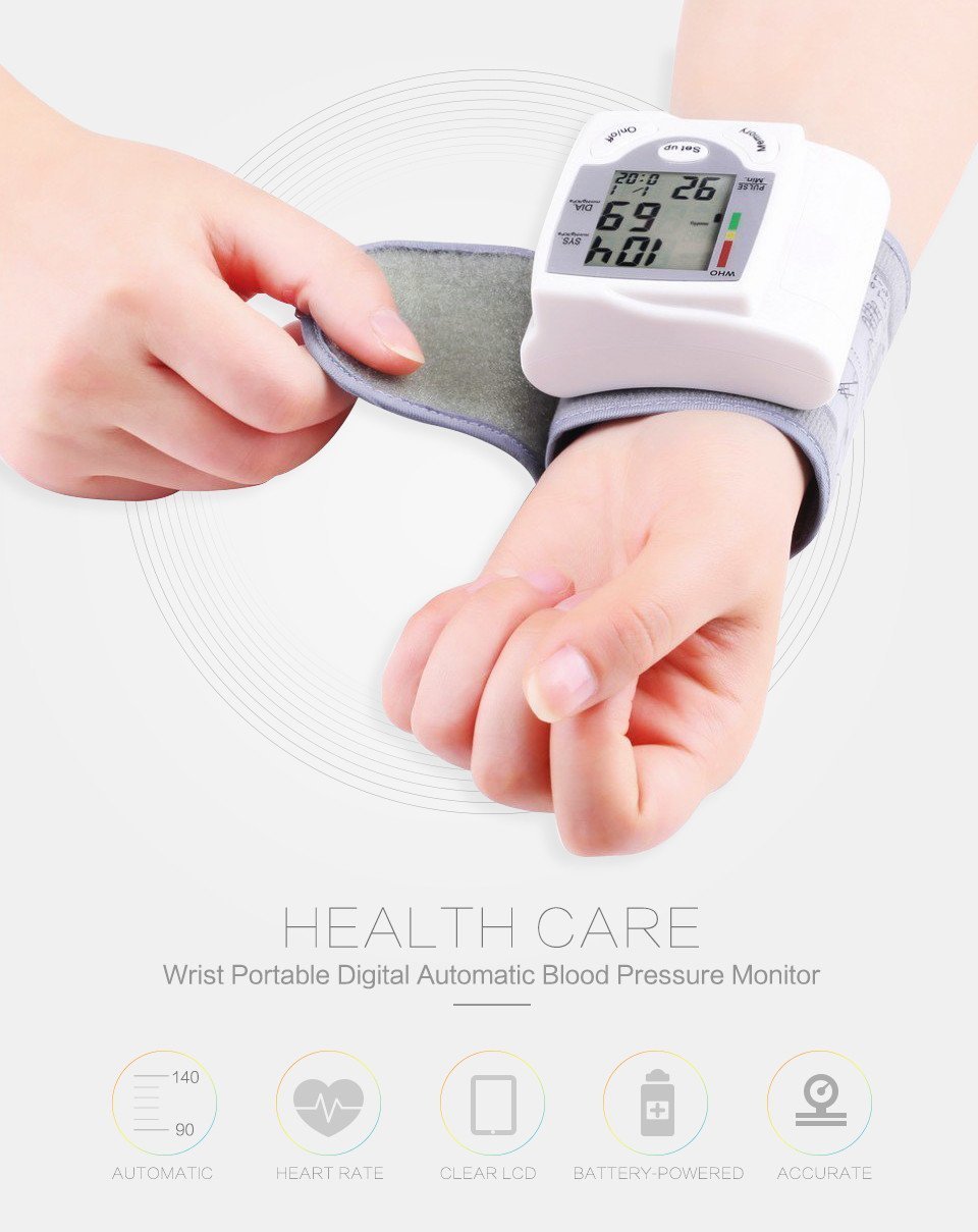 Blood Pressure Monitor Wrist Accurately Detects Blood Pressure Heart Rate & Irregular Heartbeat, Large LCD Display (CK-101S-White)