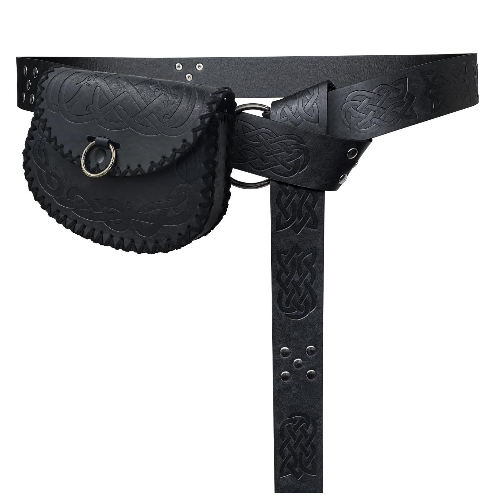Photo 1 of HiiFeuer Medieval Embossed O Ring Belt and Viking Embossed Belt Bag Set for LARP (Black)