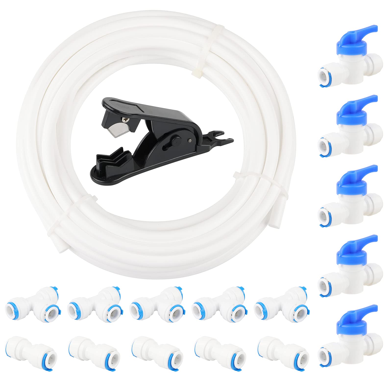 Rowiz 17Pcs 3/8" Water Purifier Tube Fitting Set, Push in to Connect (Ball Valve+I+T Type) + PE Pipe Cutter + 10 Meters Tubing Pipe (White) for RO Water Filter System