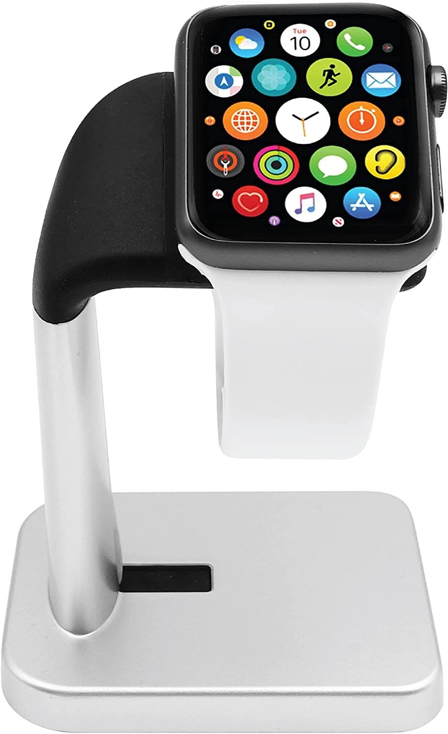 Macally Apple Watch Stand for Series Ultra 11,10, 9, 8, 7, 6, 5, 4, 3, 2, 1, SE (49mm 45mm 44mm 42mm 41mm 40mm 38mm) - Apple Watch Charger Stand Dock Holder - Desk iWatch Charging Station - Silver