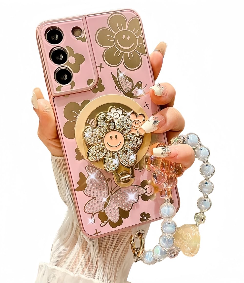 for Samsung Galaxy A36 5G Case for Women Girls with Bead Strap[Compatible with Magsafe] [Camera Lens Protector],Bling Diamond Cute Sunflower Kickstand Glitter Girly Phone Case for Samsung A36 Pink
