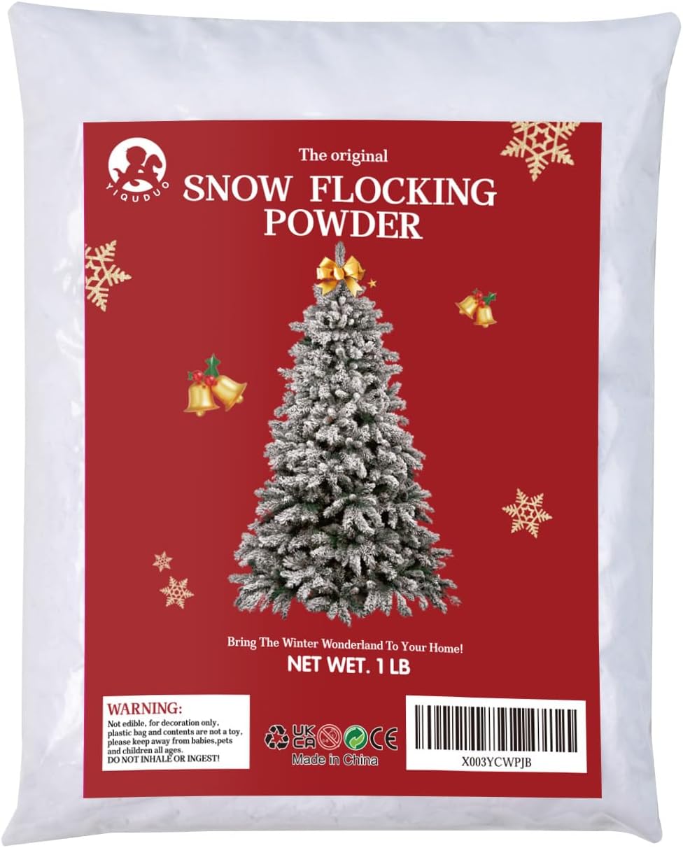 Artificial Snow - YIQUDUO The Original Premium Self-Adhesive Snow Flock Powder- Fake Artificial Snow Decorations for Christmas Tree/Wreath/Garland/Winter Displays Decor Snow Scense Indoor, 1 Pound (Pack of 1)