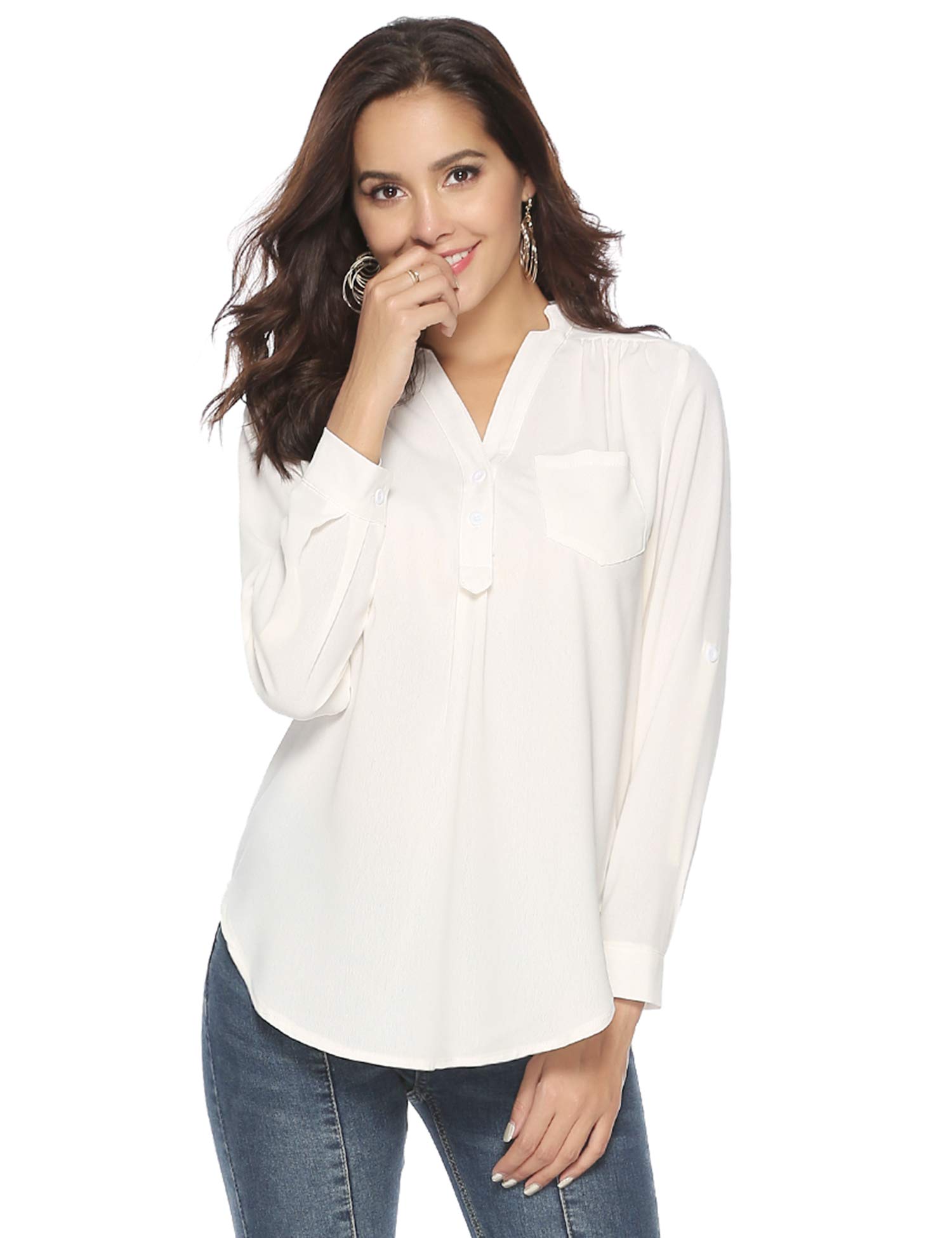 Womens Blouse V Neck Cuffed Long Sleeve Solid Color Casual Top Shirt