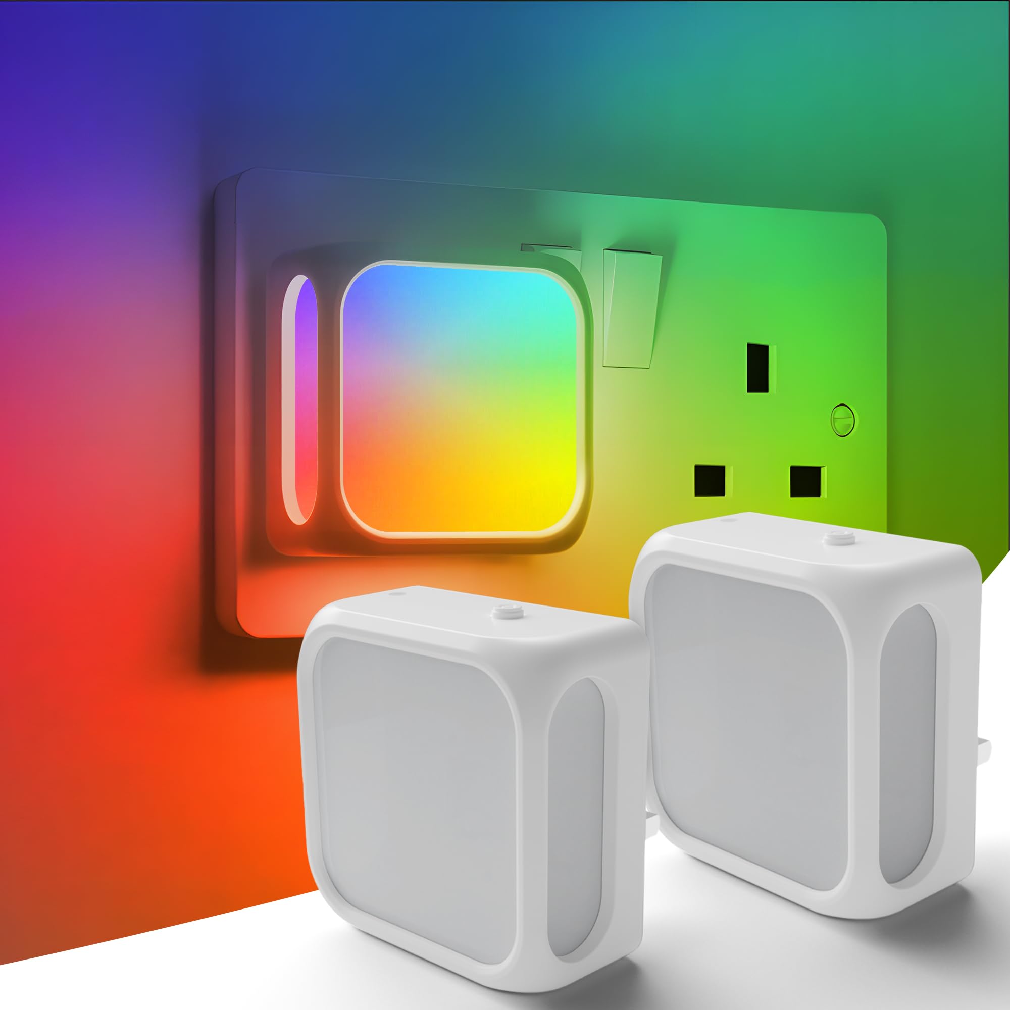 PURSNIC RGB Night Light Plug in Wall, with Dusk to Dawn Photocell Sensor, Warm White + Colour Changing, 3 Lighting Modes, for Kids, Baby, Bedroom, Hallway, 2 Pack