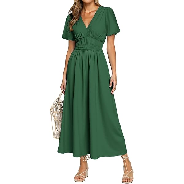 Simplee Women's Summer Flowy Midi Dress Casual V Neck Short Sleeve Empire  Waist Boho Beach Dress Wedding Guest Maxi Dresses Apricot,S at Amazon  Women's Clothing store