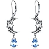 925 Sterling Silver Vintage Retro Oxidized Moon Crescent Dangle Drop Leverback Earrings with 12 Months Birthstone Jewelry Gifts for Women Her