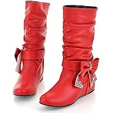 Women's Mid-Calf Wedge Heel Riding Boots with Removable Bowknot, Anti-Slip Rubber Sole, Warm Plush Lining, Round Toe Slip On Fashion Boots