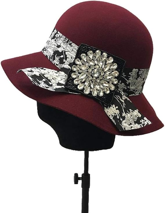 Female Fedoras Wave Brim Bucket Rhinestone Floral Wool Felt Women Hats Fashion Elegant Fedora