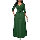 FANDEE Maxi Dress for Women, Long Casual Empire Waist Dresses 3/4 Sleeve V-Neck with Pockets