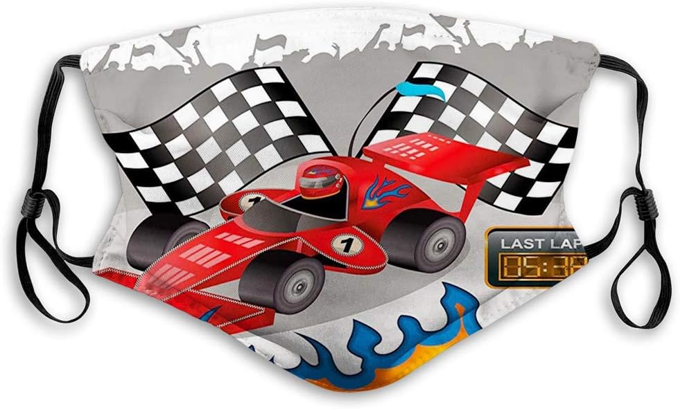 Comfortable Printed mask,Cars Glass, Race Car with Finish Line Flags Pilot and Flames with Abstract Grey Background Print,Multicolor,Windproof Facial decorations for Teens Size：S