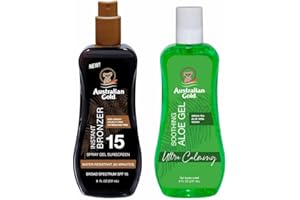 Australian Gold Sunscreen Gel Spray with Bronzer + Soothing After Sun Aloe Vera Gel, Hydrating Sunburn Relief & Broad Spectrum UVA/UVB SPF 15 Sunscreen Spray, Water Resistant, Vegan Skin Care Set