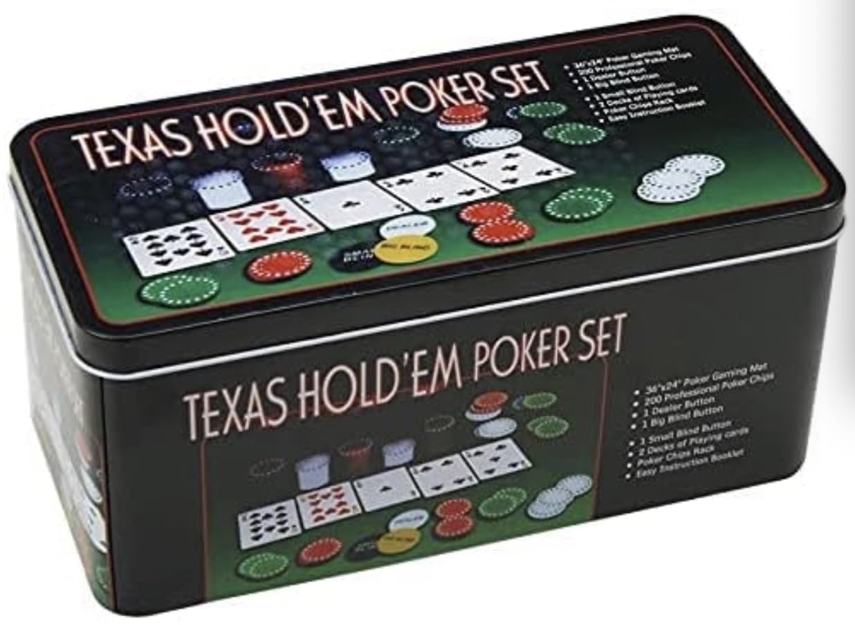 ARBUTUS Poker Set Metal Box or Fabric Bag, 200 Poker Chips, 2 Decks, Dealer Button, Small Blind, Big Blind, Game Mat (Metal Box)