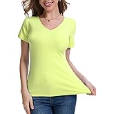UQOIIL Women's Rayon Stretchy T Shirts Plain Summer V-Neck Basic Slim Fitted Short Sleeve Tees (S- XXL)