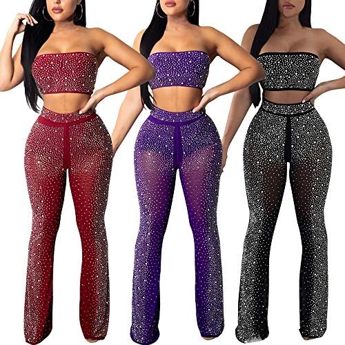 See Through Mesh Rhinestone Drilling Bodycon Crop Top Pants Set Women's Clubwear