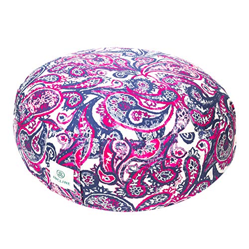 Incline Fit Zafu Yoga Meditation Cushion with Zipper, Round Meditation Pillow Bolster Filled with Buckwheat Hulls With Machine Washable Cotton Cover and Carry Handle, Round, Fuschia Paisley