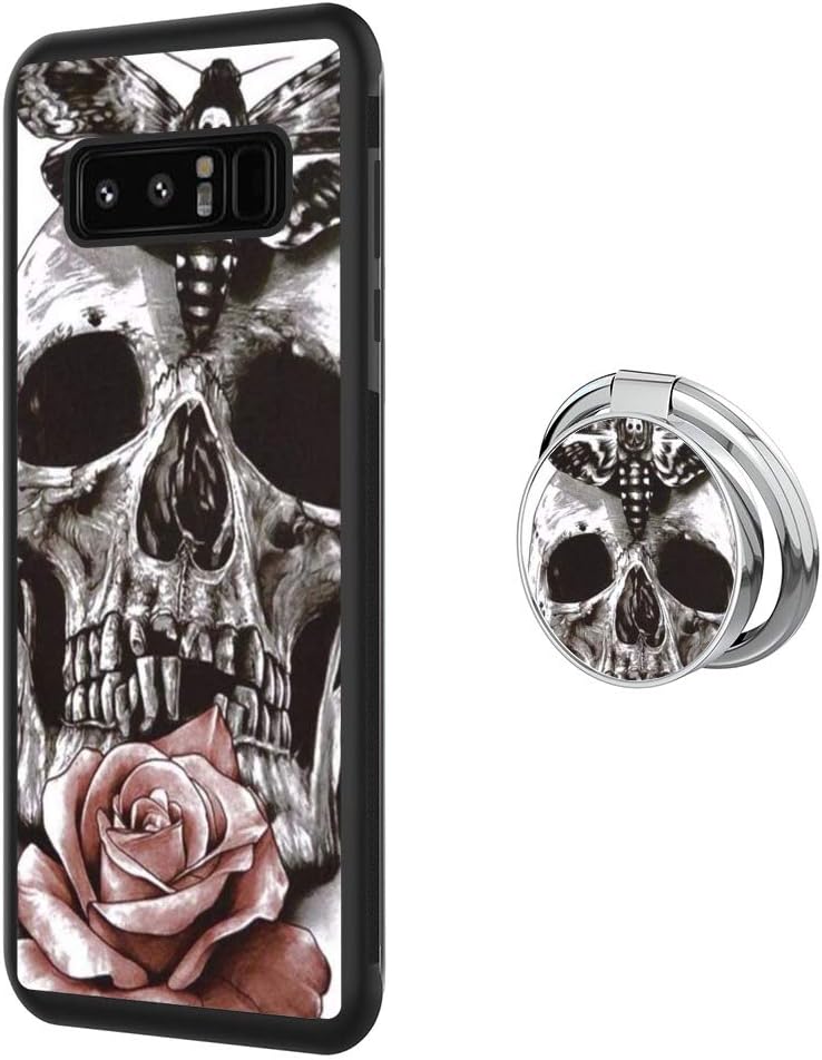 Samsung Galaxy Note 8 Case with Holder Ring Rose Skull Soft Black TPU Rubber and PC Anti-Slip Grip Cover Case, Shockproof Defend Protective Phone Case for Samsung Galaxy Note 8