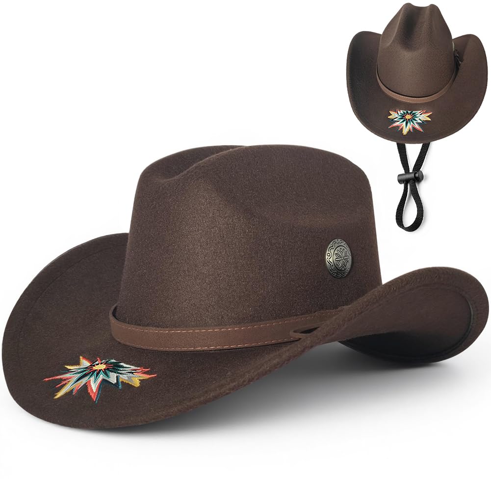 Dlishka Adult Cowboy Hat for Men & Women, Felt Western Cowgirl Hat Size M 57cm, Wide Brim Sun Protection Cowboy Outfit Accessory for Cowgirl Outfits for Women, Country & Western Party Costume (Brown) — image 1