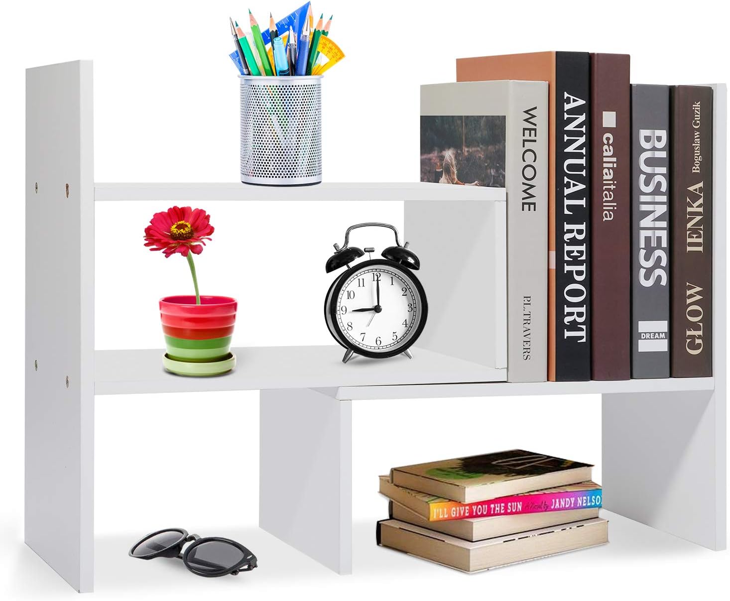 Accmuzzy Wooden Desk Shelf, Small Bookshelf, White, Desk Shelves Organiser, Adjustable Desktop Organiser Bookcase for Office, Kitchen (White)