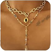 Gold Necklace for Women,Colorful Long Necklace 14k Gold Plated Y-Shaped Pendant Necklace Trendy Layered Cz Beaded Chain Drop Necklaces Simple Jewelry for Women Gift