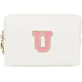 Fodofodo Personalized Initial Letter Makeup Bag,Preppy Patch Makeup Bag,PU Waterproof Travel Toiletry Bag,Chenille Letter Cosmetic Bag,Toiletry Zipper Pouch Organizer for Women Girls (White,U)
