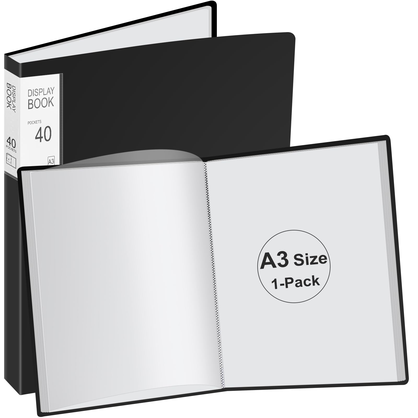 A3 Display Book Folder 40 Pockets Presentation with Clear Plastic Sleeves, Sleeves Art Storage for Painting Artwork Portfolio - Black (43.5x31.5x2.8 cm)