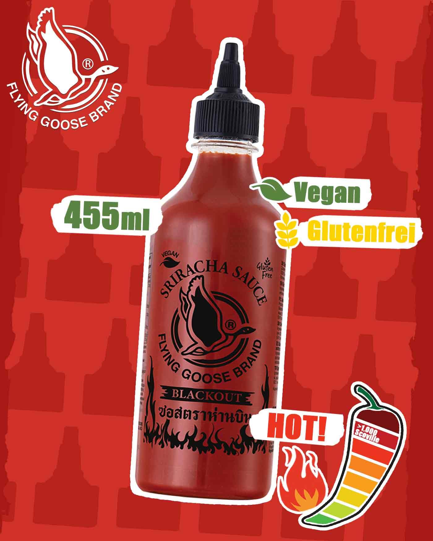 FLYING GOOSE Sriracha Chilisauce, mit extra Schärfe, extrem scharf, schwarze Kappe, extra scharfe Würzsauce aus Thailand, 1 x 455 ml 2