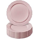 SILVER SPOONS Vintage Design Disposable Salad Plates For Party (10 Pc) Heavy Duty Disposable Dinner Set 9” , Fine Dining Plastic Dishes For Elegant China Look, Great for Celebrations & Events - Blush