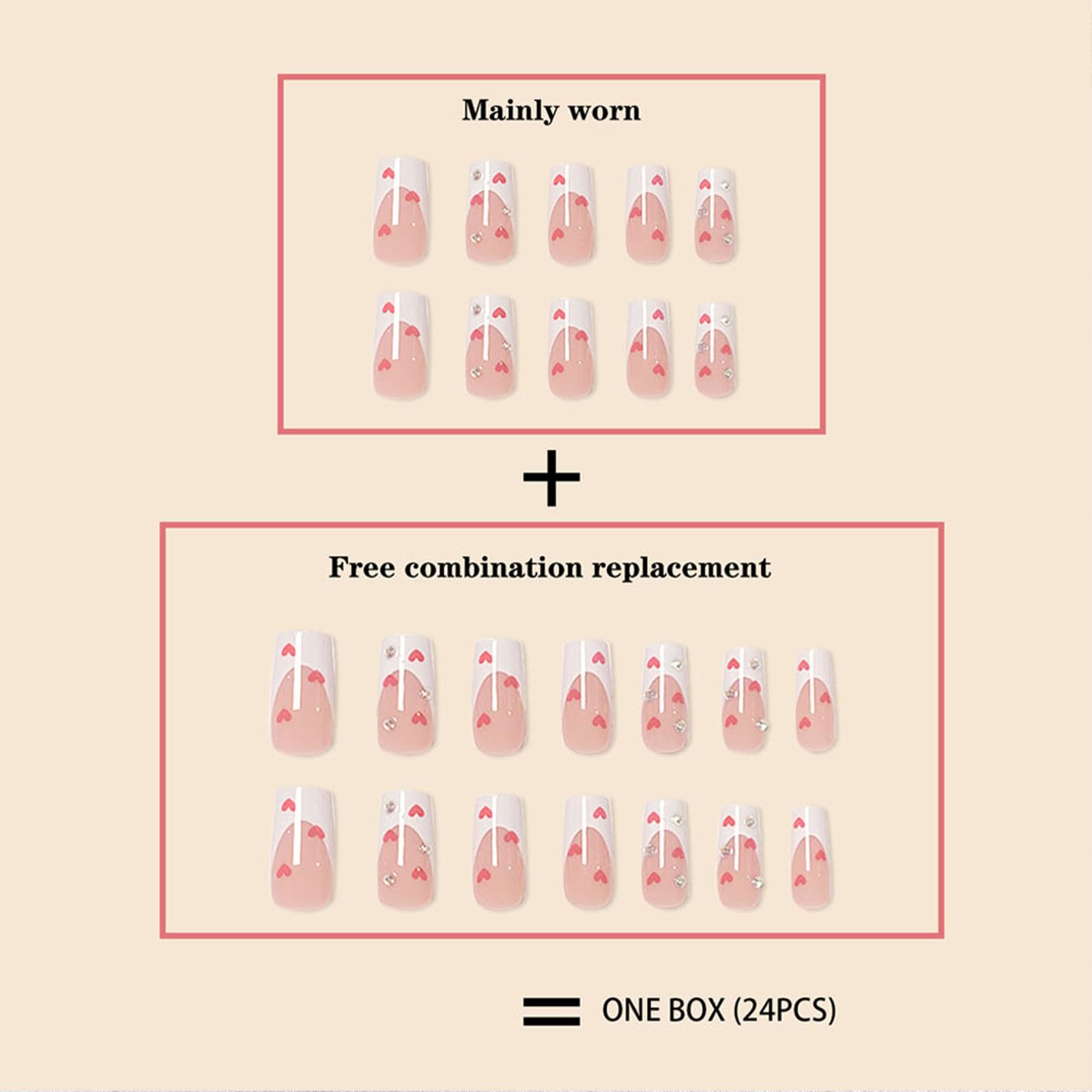 Press on Nails Square Long False Nails with Rhinestones Design Red Heart Glue on Nails Nude Full Cover Fake Nails Press ons Glossy White French Tip for Girls 24Pcs - Image 4