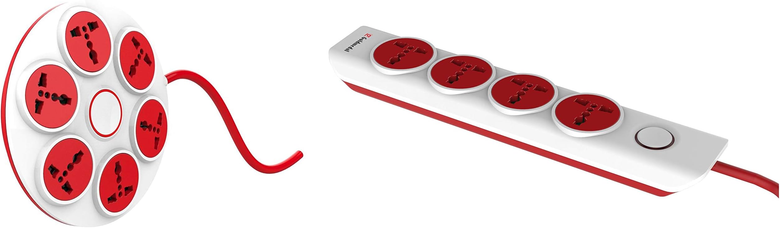 Goldmedal Curve Plus 205100 Plastic 240V 360 Degree Power Strip High Grade Adaptors (White and Red) & Curve Plus 205102 Plastic i-Design 4x1 Power Strip (White) Combo