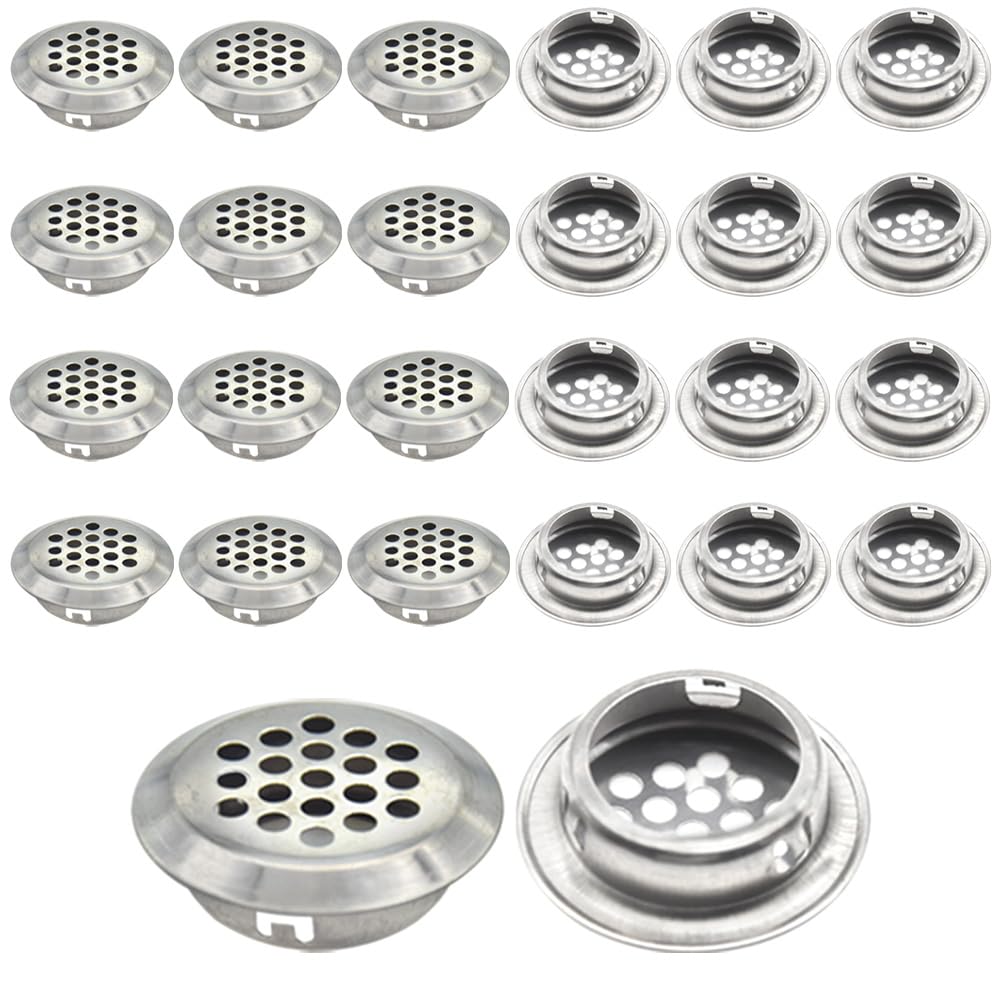 Hocansen 30Pcs Air Vent Cover 25mm Round Shaped Mesh Hole Stainless Steel Ventilation Louver Cover for Cabinet, Wardrobe, or Shoe Cabinet (FK/25MM)