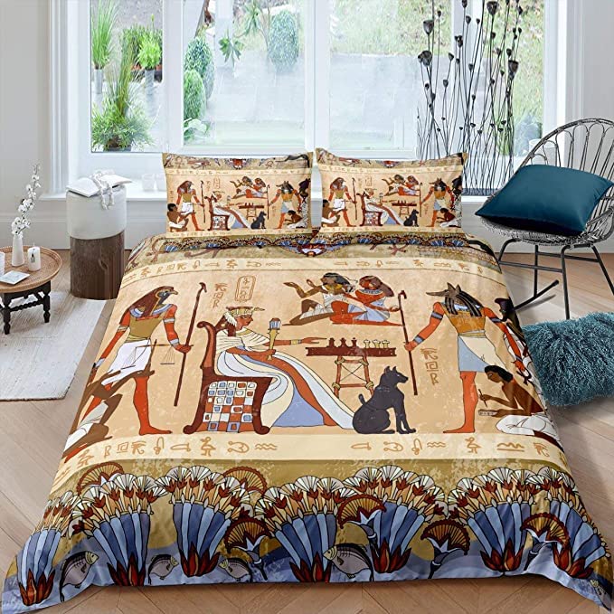 Loussiesd Ancient Egypt Bedding Set Tribal Comforter Cover for Kids Adult Egypt Culture Duvet Cover Egyptian Style Bedspread Cover Room Decor 3Pcs with 2 Pillow Case Double Size