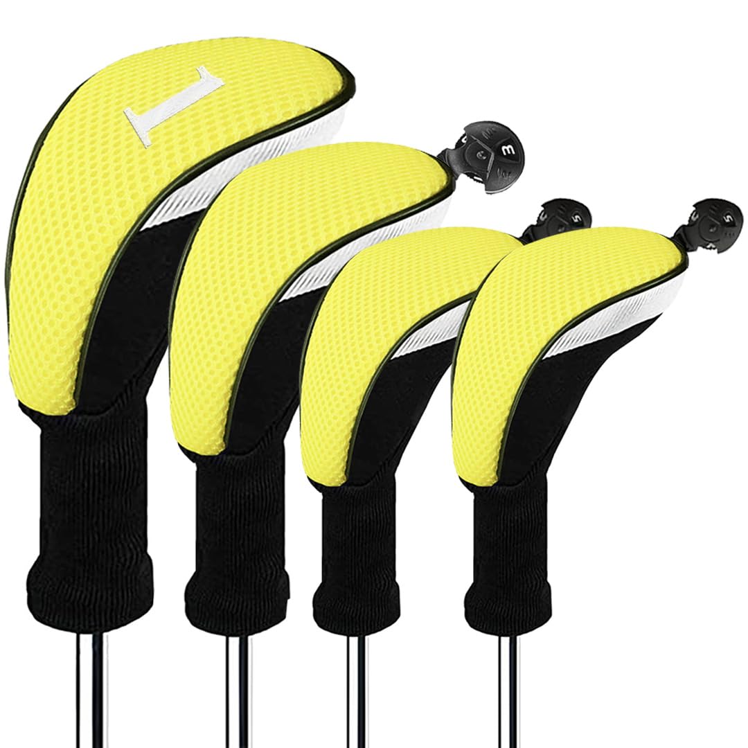 FINGER TEN Golf Club Head Covers for Woods Long Cover Driver Hybrid Fairway, Headcovers with Interchangeable No. Tag Novelty Durable Fit Woods Clubs (Yellow-4 pack (1 Driver& 1 Fairway&2 Hybrid))