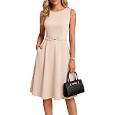 GRACE KARIN Work Business Midi Flowy Sleeveless Dresses for Women | A Line,Belted,Collar Neck,Knee Length,with Pockets Zipper,Business Causal,Office,Church,Funeral,Cocktail,Wedding,Professional