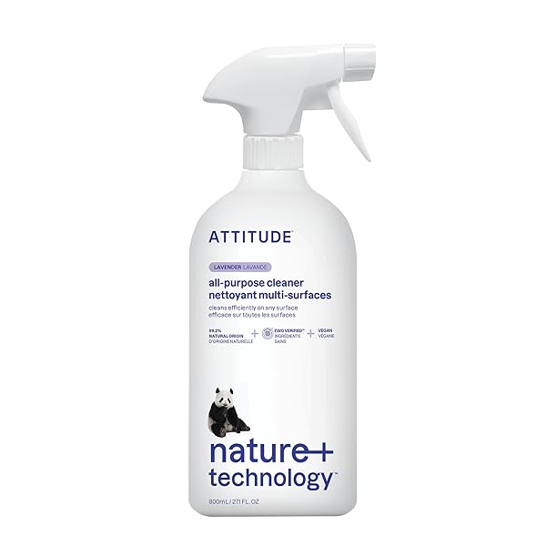 ATTITUDE ALL PURPOSE CLEANER SPRAY, EWG VERIFIED, VEGAN, MADE WITH 94% PLANT-BASED INGREDIENTS, STREAK-FREE FOR KITCHEN, BATHROOM, GLASS & MORE, LAVENDER SCENT, 27.1 FL OZ