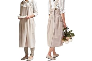 NEWGEM Cotton Linen Cross Back Apron for Women with Pockets for Cooking Painting Beige without Waist Ties