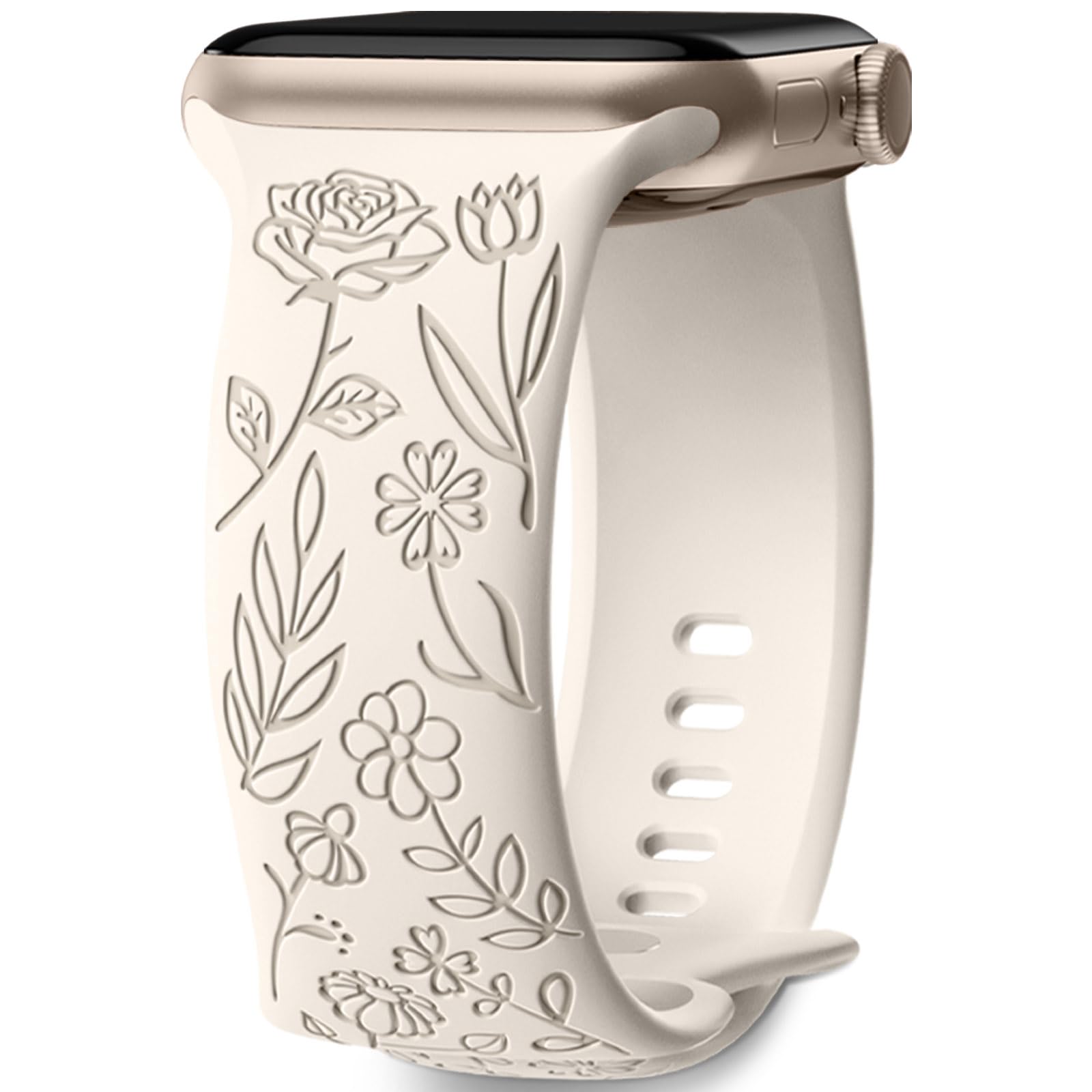 Mastten Floral Engraved Strap Compatible with Apple Watch Straps 40mm 41mm 42mm 38mm Women, Soft Silicone Elegant Rose Floral Band for iWatch SE 3 2 1 Series 11 10 9 8 7 6 5 4 3 2 1, Starlight — image 1