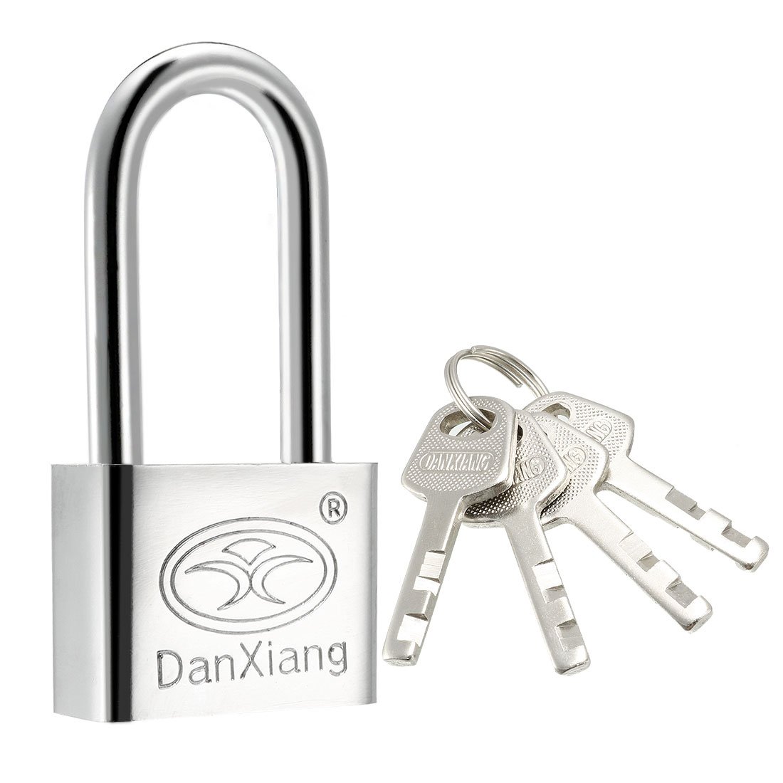 Sourcingmap Stainless Steel Padlock, 50mm Body Wide Chrome Finish Harden Long Shackle Lock, Keyed Different