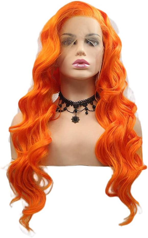Orange Synthetic Lace Front Wig Long Curly Heat Resistant Wigs for Women Loose Wave Light Ginger Real Hair Glueless Lace Wig Drag Queen Cosplay Daily Wear Ladies Wigs Soft 24inch - Image 3