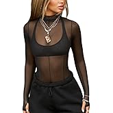 Sheer Going Out Tops for Women Sexy Long Sleeve Mock Neck Lace Spring See Through Tops Stretchy Trendy Shirts Blouse
