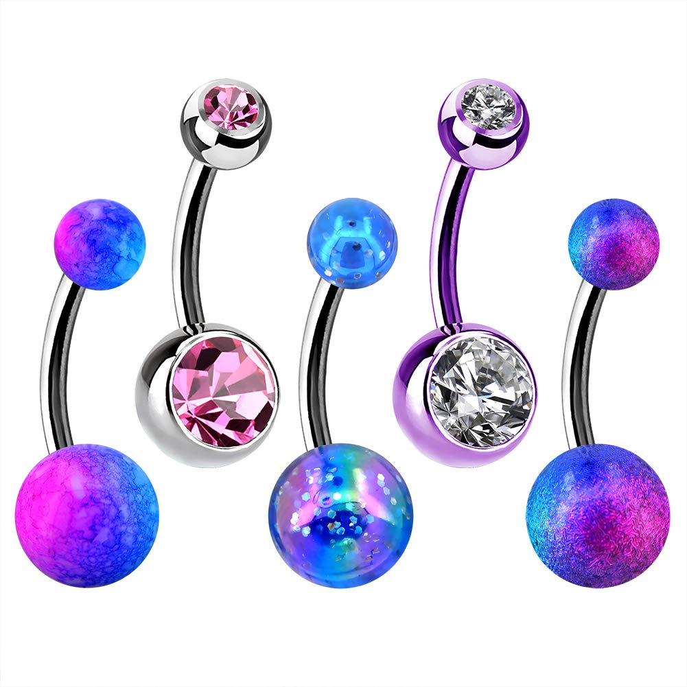 OUFER 14G Stainless Steel Belly Bars Glitter Blue Purple Belly Button Bars Navel Bars Belly Piercings Jewellery