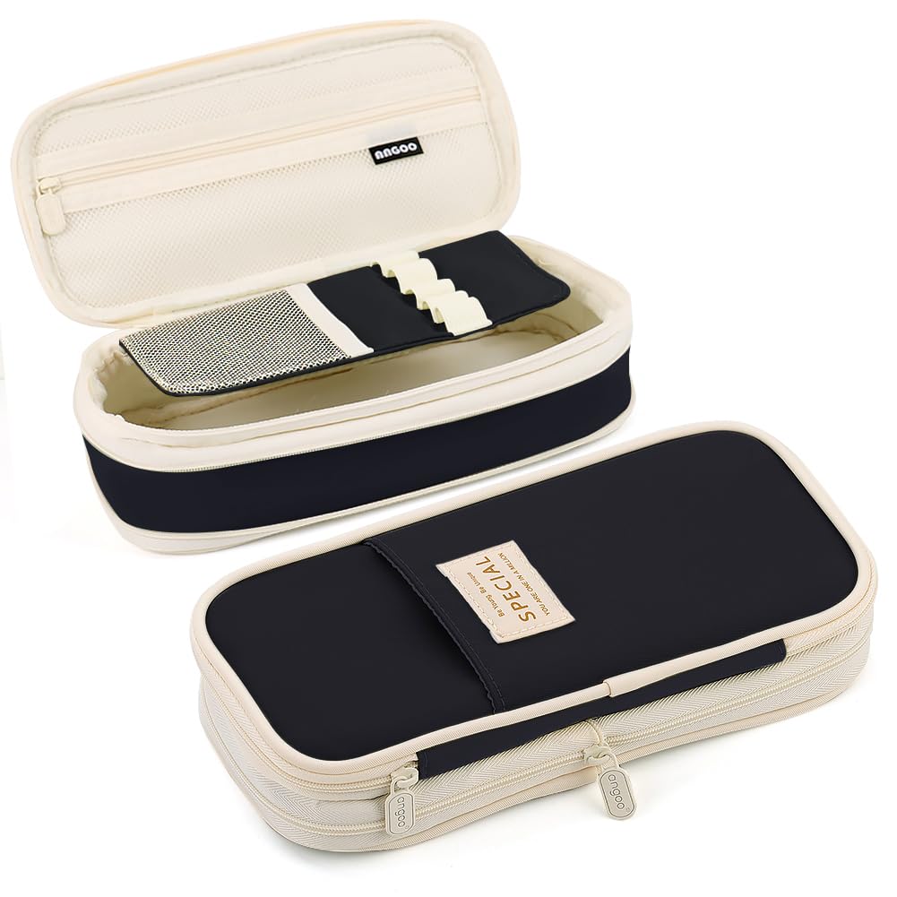 MAMUNU Big Capacity Pencil Cases with Compartments Pencil Pouch Aesthetic for Teen Students, Expendable Stationery Organizer Pen Bag for College School Office (Black)