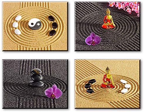 Zen Wall Art for Bedroom, Meditation Tai Chi Buddha Stone Sand Canvas Prints Decor, Spa Massage Treatment Pictures (Waterproof Artwork, Bracket Mounted Ready Hanging, 1" Thick)