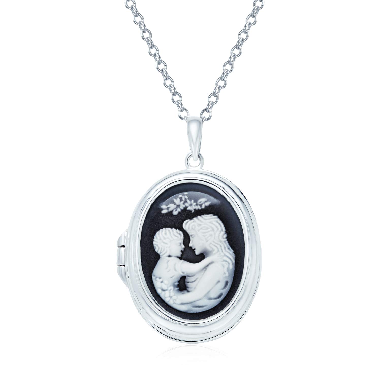 Bling Jewelry Personalize Vintage Victorian Style Black White Carved Mother and Child Loving Cameo Photo Locket Pendant Son Daughter Necklace For Women .925 Sterling Silver Women Hold Picture