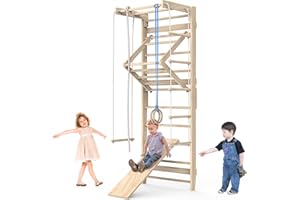 QIFEILA Indoor Jungle Gym, Wooden Playground Climbing Toys for Toddlers, Swedish Wall Ladder Stall Bars Set, Toddler Climbing Toys Indoor, Stall Bars for Exercise for All Family All Ages Training Stretching
