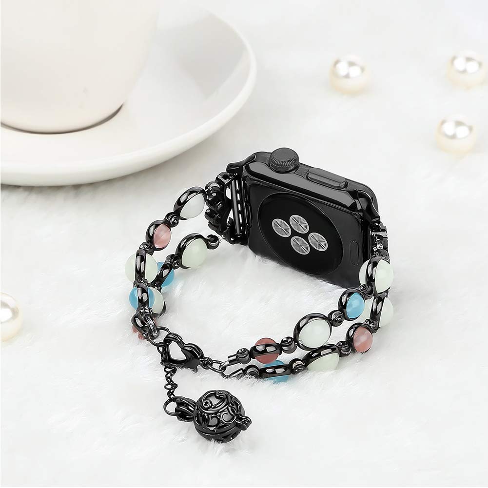Jewelry Bracelet Compatible with Apple Watch Band Strap Wristband Handmade 38mm/40mm Iwatch Series 5/4/3/2/1, with Night Luminous watchband for Women & Girls 5.5-7 inch (Black) (Black, 38mm/40mm SM)